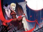  adapted_costume bat_wings blonde_hair boots breasts crossed_legs cupping_glass darkness ex-rumia fang feng_ze glass grin highres long_hair long_sleeves medium_breasts moon necktie night older open_mouth red_eyes red_moon red_neckwear ribbon rumia sidelocks sitting smile smirk solo sword thighhighs touhou very_long_hair weapon wings 
