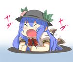  blue_hair blush bow closed_eyes food fruit hat hinanawi_tenshi leaf loggy long_hair long_skirt open_mouth pantyhose peach short_sleeves simple_background skirt solo tantrum touhou very_long_hair 
