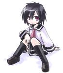  gankyuu_eguko kugelschreiber looking_at_viewer mushi_to_medama_to_teddybear necktie purple_eyes school_uniform short_hair simple_background sitting skirt solo spoon white_background 