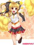  :d bad_id bad_pixiv_id blonde_hair blush cheerleader fang highres long_hair midriff navel open_mouth original paopao pom_poms ponytail red_eyes skirt smile solo star 