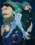  4boys abiko_yuuji adult angry aqua_hair beard black_gloves blue_eyes coat facial_hair flit_asuno gloves goggles goggles_on_head green_eyes green_hair gundam gundam_age helmet highres jacket male male_focus multiple_boys multiple_persona mustache old older overcoat pilot_suit space time_paradox trench_coat young younger 