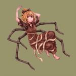  :o arm_up barefoot blonde_hair bow brown_dress brown_eyes dress green_background hair_bow hand_on_own_head ichimi_tougarashi insect_girl kurodani_yamame leaning looking_at_viewer ponytail short_hair solo spider_girl touhou 