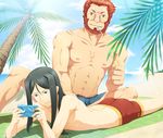  33paradox ass bad_id bad_pixiv_id bangs beach beard black_hair cigar day facial_hair fate/zero fate_(series) food green_eyes handheld_game_console long_hair lord_el-melloi_ii male_focus male_swimwear manly multiple_boys older parted_bangs playing_games playstation_portable popsicle red_eyes red_hair rider_(fate/zero) sweat swim_trunks swimwear time_paradox waver_velvet 