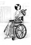  1girl amputee flower monochrome prosthetic wheelchair 