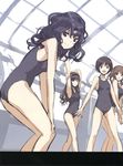  :d amagami armpits arms_up bare_shoulders black_eyes black_hair brown_eyes brown_hair curly_hair hairband hands_on_own_knees highres long_legs looking_at_viewer morishima_haruka multiple_girls nakata_sae one-piece_swimsuit open_mouth saitou_masatsugu scan school_swimsuit sketch smile swimsuit tachibana_miya tanamachi_kaoru twintails 