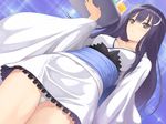  blush crescent crescent_hair_ornament fault!! game_cg glass hair_ornament kamiwazumi_maya long_hair panties pantyshot purple_eyes purple_hair sash solo tanaka_takayuki tray underwear waitress white_panties 