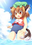  animal_ears blue_sky blush bow brown_eyes brown_hair cameltoe cat_ears cat_tail chen cloud day earrings fang hat jewelry multiple_tails nekomata one-piece_swimsuit open_mouth pila-pela school_swimsuit sky solo swimsuit swimsuit_under_clothes tail touhou vest water 