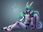  caprine chinese_dragon claws dragon goat green_eyes green_hair hair horn hybrid male mammal nude plain_background sitting smile solo stripes tartii 