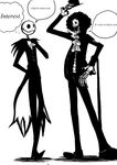  2boys a_nightmare_before_christmas absurdres afro bald bat black_hair brook cane coat_tails cravat crossover disney engrish epic formal full_body gothic greeting hat hat_tip highres jack_skellington just_another_kunkun male male_focus multiple_boys one_piece ranguage skeleton skull standing suit the_nightmare_before_christmas top_hat 