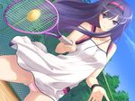  ball cameltoe crescent crescent_hair_ornament fault!! game_cg hair_ornament hairband kamiwazumi_maya long_hair panties pink_panties purple_eyes purple_hair racket solo sportswear sweat tanaka_takayuki tennis tennis_ball tennis_racket tennis_uniform underwear 