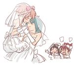  akemi_homura alternate_costume black_hair blue_eyes blue_hair blush bridal_veil carrying closed_eyes dress gloves holding_hands jealous kaname_madoka long_hair mahou_shoujo_madoka_magica miki_sayaka mukiki multiple_girls pink_hair ponytail red_hair sakura_kyouko tears veil wedding_dress wife_and_wife yuri 