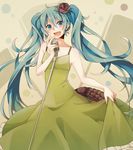  :d aqua_eyes aqua_hair bad_id bad_pixiv_id bare_shoulders dress flower frilled_dress frills green_dress hair_flower hair_ornament hatsune_miku head_tilt highres kochira_koufuku_anshin_iinkai_desu_(vocaloid) long_hair microphone microphone_stand open_mouth skirt_hold smile solo twintails very_long_hair vintage_microphone vocaloid 