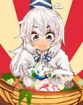  :d blue_eyes blush_stickers boat fang fish food gobou_(gbu) hands_together hat japanese_clothes kariginu long_hair mononobe_no_futo open_mouth own_hands_together ponytail shrimp smile solo tate_eboshi touhou upper_body watercraft white_hair 