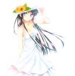  black_hair blue_eyes blush braid breasts cleavage dress flower hat long_hair medium_breasts original simple_background smile solo sun_hat sundress sunflower touto_seiro 