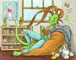  brown_hair female hair iguana lizard lizardbeth lizardbeth_(character) midriff plushie reading reptile scalie solo 