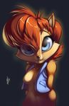  animal_ears blue_eyes breasts bust cleavage clothed clothing cute female hair looking_at_viewer mammal red_hair rodent sally_acorn sega smile solo sonic_(series) squirrel thefuckingdevil vest 