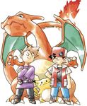  90s backwards_hat baseball_cap black_hair brown_hair charizard crossed_arms gen_1_pokemon hat male_focus multiple_boys official_art ookido_green pikachu poke_ball poke_ball_(generic) pokemon pokemon_(creature) pokemon_(game) pokemon_rgby red_(pokemon) red_(pokemon_rgby) sugimori_ken 