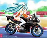 aprilia_rs125 aqua_hair blue_eyes elbow_gloves gloves ground_vehicle hatsune_miku headphones long_hair maira_gen motor_vehicle motorcycle riding smile solo thighhighs twintails vocaloid 