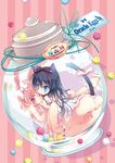  animal_ears ass bad_id bad_pixiv_id bare_legs bare_shoulders barefoot black_hair blue_eyes bow bunny_ears candy cat_ears cat_tail chemise food hair_bow hair_ribbon holding_hands interlocked_fingers jar konpeitou legs long_hair minigirl mitaonsha multiple_girls no_pants original panties pink_eyes pink_hair ribbon short_hair strap_slip tail tail_bow underwear underwear_only 