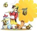  73-69 backpack backwards_hat bag baseball_cap black_hair croconaw gen_1_pokemon gen_2_pokemon gold_(pokemon) hat holding pokemon pokemon_(creature) pokemon_(game) pokemon_gsc shorts smile sunkern vulpix 