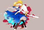  1girl artoria_pendragon_(all) bad_id bad_pixiv_id black_legwear blonde_hair bracelet dancing dress excalibur fate/zero fate_(series) gilgamesh gloves high_heels jewelry kiss necklace pantyhose saber shoes sword tears uruhiko weapon 