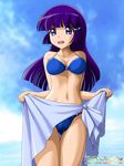  aoki_reika bad_id bad_pixiv_id bikini blue_eyes blue_hair blue_sarong breasts cameltoe cleavage covered_nipples long_hair medium_breasts navel onoe open_mouth precure purple_hair sarong sarong_lift shiny shiny_skin smile_precure! swimsuit water 