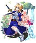  ahoge armor armored_dress artoria_pendragon_(all) bad_id bad_pixiv_id blonde_hair bug butterfly dress excalibur fate/zero fate_(series) gauntlets greaves green_eyes hair_ribbon insect ribbon saber solo sword touwa_nikuman tree weapon 