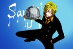  1boy black_pants blonde_hair blue character_name cigarette collared_shirt eilinna facial_hair fighting_stance formal goatee hair_over_one_eye hand_in_pocket lid male male_focus necktie one_piece pants sanji shirt skull smoke smoking solo suit tray yellow_shirt 