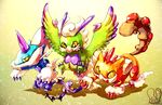  bad_source claws commentary gen_5_pokemon highres horn landorus no_humans pokemon pokemon_(creature) sa-dui signature thundurus tornadus yellow_background yellow_eyes 