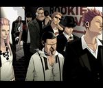  6+boys basil_hawkins black_hair capone_gang_bege cigar eleven_supernova eustass_captain_kid exb formal hat headphones jewelry_bonney killer_(one_piece) long_hair multiple_boys one_piece red_hair scar scratchmen_apoo smoking suit sunglasses trafalgar_law urouge x_drake 