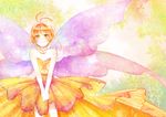  antenna_hair bare_shoulders brown_hair butterfly_wings cardcaptor_sakura colorful dress faux_traditional_media green_eyes hands_together kinomoto_sakura leaf older own_hands_together purple_wings short_hair sleeveless sleeveless_dress smile solo teenage v_arms wings wooga yellow_dress 