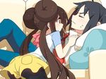  1girl black_hair black_legwear blue_eyes blush brown_hair cheren_(pokemon) closed_eyes double_bun hand_on_another's_chest highres kotomuke_fuurin long_hair looking_at_another lying mei_(pokemon) necktie no_headwear on_back pants pantyhose pokemon pokemon_(game) pokemon_bw pokemon_bw2 raglan_sleeves short_hair shorts sweat twintails 