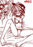  bra breast_bondage breast_padding camera collar grin hair_ribbon hat holding maribel_hearn monochrome multiple_girls on_bed panties recording ribbon smile takana_shinno touhou translated underwear underwear_only usami_renko 