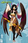  avian beak bird black_hair bow bow_(weapon) breasts chalo cleavage clothed clothing feathers female green_eyes hair hawk las_lindas long_hair looking_at_viewer ranged_weapon solo weapon wings 