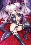  1girl arm_support bangs bat_wings bed black_boots blush boots braid brandish breasts cleavage demon_girl demon_wings hand_up head_tilt high_heel_boots high_heels highres long_hair navel on_bed purple_hair revealing_clothes saliva shiny shiny_clothes sitting smile solo succubus sweat thigh_boots thighhighs tongue tongue_out tsukaima twin_braids twiska wings 