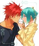  1girl aqua_hair aquarion_(series) aquarion_evol bad_id bad_pixiv_id blush closed_eyes couple hair_ribbon hetero kagura_demuri mogutanabe purple_eyes red_hair ribbon short_hair shush_(aquarion_evol) smile tank_top zessica_wong 