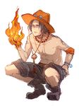  1boy abs black_shorts boots bracelet crouch fire hat jewelry male male_focus mojisan muscle one_piece portgas_d_ace shorts simple_background solo squatting tattoo topless white_background 