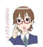  brown_eyes brown_hair glasses k-on! manabe_nodoka red-framed_eyewear school_uniform semi-rimless_eyewear short_hair solo ueyama_michirou 