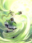  absurdres artist_name bad_id bad_pixiv_id black_legwear boots detached_sleeves dress elf elsword green green_background green_eyes green_hair green_sleeves highres knee_boots long_hair outstretched_hand pointy_ears ponytail rena_(elsword) smile solo swd3e2 thighhighs wind wind_sneaker_(elsword) 