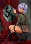  antennae belt black_footwear boots commentary finger_on_trigger flag ginjuuji gun handgun highres holding holding_gun holding_weapon lavender_hair looking_back luger_p08 military military_uniform open_mouth original pistol pouch red_eyes short_hair shoulder_belt smile solo squatting suspenders swastika thigh_strap uniform weapon 