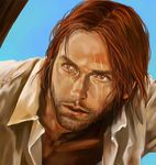  1boy blue_sky brown_eyes facial_hair fykr fykr00 lowres male male_focus one_piece open_clothes open_shirt photorealistic realistic red_hair scar shanks shirt sky solo white_shirt 