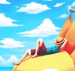  1boy barefoot bird blue_sky blue_vest cloud clouds hat hat_over_eyes lowres lying male male_focus monkey_d_luffy ocean on_back one_piece outdoors red_shorts seagull ship shorts sky sleeping solo straw_hat thousand_sunny vest water 