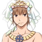  1boy bangs bridal_veil brown_eyes brown_hair cattail closed_mouth commentary_request eyebrows_visible_through_hair jewelry looking_at_viewer mouth_hold natsuya_(kuttuki) necklace plant ragnarok_online short_hair simple_background smile solo stalk_in_mouth sura_(ragnarok_online) topless_male upper_body veil white_background 