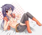  1girl bed belt blush boots breasts brown_eyes lying on_bed open_mouth purple_hair saotome_rei shorts simple_background skirt solo thighhighs topless wink yu-gi-oh! yuu-gi-ou_gx zettai_ryouiki 