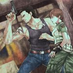  1girl bad_id bad_pixiv_id billy_coen black_hair brown_hair coco_(karainosuki) coco_(nattou) fingerless_gloves gloves green_eyes gun rebecca_chambers resident_evil resident_evil_0 short_hair tank_top tattoo weapon 