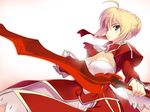  aestus_estus ahoge azu backlighting blonde_hair breasts cleavage dress epaulettes fate/extra fate_(series) green_eyes hair_ribbon large_breasts looking_at_viewer nero_claudius_(fate) nero_claudius_(fate)_(all) ribbon simple_background solo sword weapon white_background 