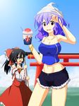  alternate_costume armpits ascot bangle bare_shoulders black_eyes black_hair blurry bow bracelet breasts broom cato_(monocatienus) cleavage cloud collarbone contemporary cup day denim denim_shorts depth_of_field detached_sleeves hair_bow hair_tubes hakurei_reimu hand_on_forehead hat highres horizon jewelry kooribata large_breasts lavender_hair letty_whiterock midriff multiple_girls navel open_mouth pendant purple_eyes shaved_ice short_hair shorts skirt sky tank_top torii touhou vest 