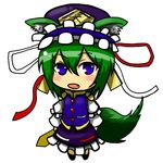  animal_ears bad_id bad_pixiv_id blue_eyes blush dog_ears dog_tail fang frills green_hair hat long_skirt long_sleeves lowres namari_fudetarou open_mouth rod rod_of_remorse shiki_eiki short_hair simple_background skirt solo sticker tail touhou 