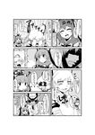  1boy 2girls ? ascot blush bow closed_eyes comic final_fantasy final_fantasy_ix front_ponytail fujiwara_no_mokou greyscale hair_bow hair_ornament hair_ribbon heart highres hume kagiyama_hina kitanai_ninja long_hair maid monochrome multiple_girls open_mouth ribbon smile sweatdrop teeth touhou translation_request yonpachi 