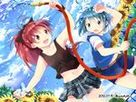  blue_eyes blue_hair blush bow flower gleision_adain hair_bow hair_ornament hairclip mahou_shoujo_madoka_magica midriff miki_sayaka multiple_girls navel open_mouth plaid plaid_skirt ponytail red_eyes red_hair sakura_kyouko short_hair skirt sunflower tank_top water 